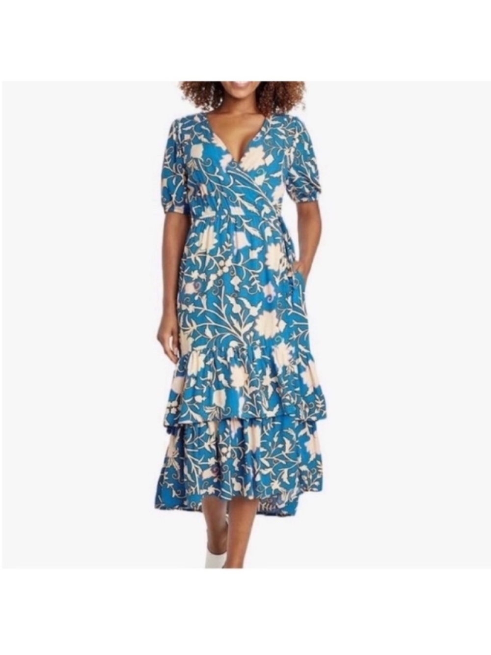 Knox rose v neck floral tiered ruffle wrap midi dress puff sleeve boho